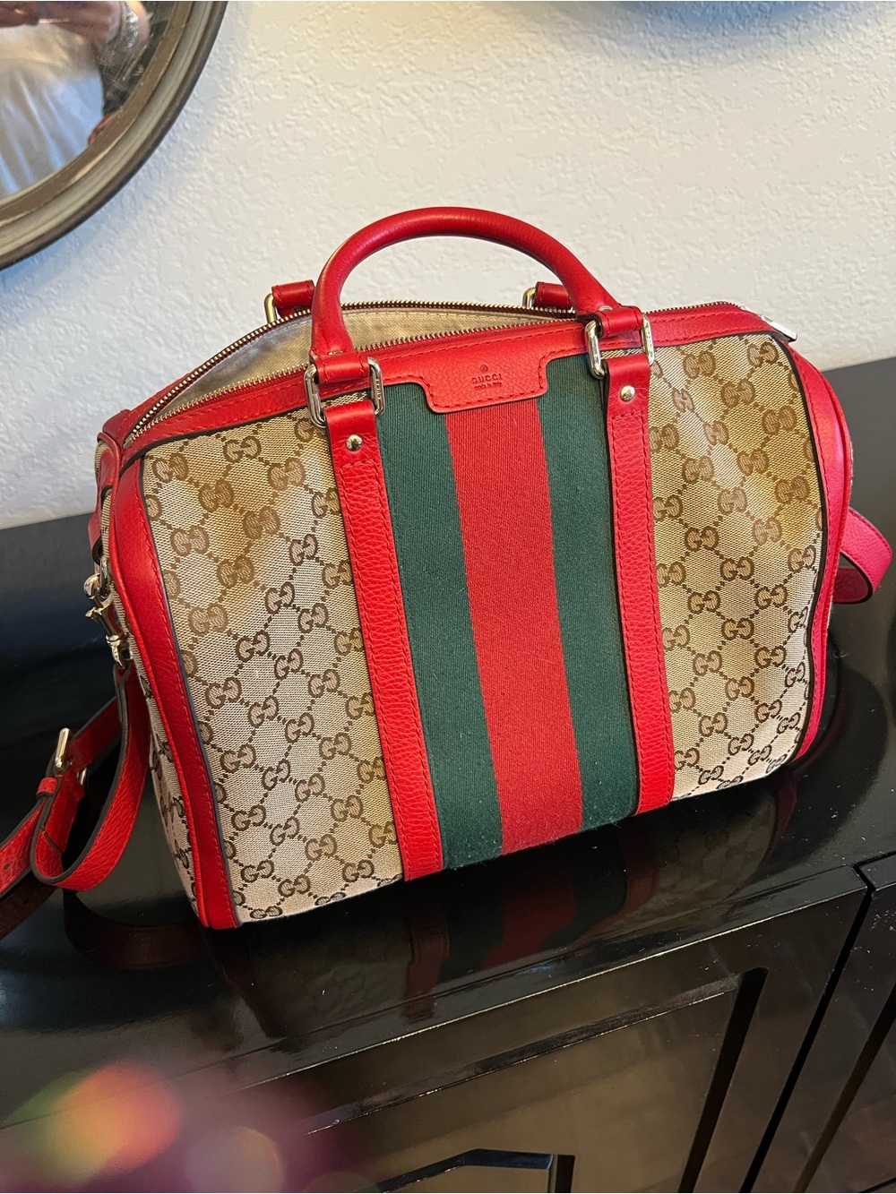 Gucci Red & Green GG Supreme Boston Bag